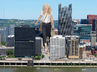 giantess collage city blonde clothed wonderslug walking streets pittsburgh sky vehicle_crush between_buildings waterfront ellie_goulding