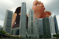 collage city mega toes barefoot soles brunette low_angle sitting skyscraper sky giulio_10