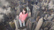giantess collage city mega destruction buildings jeans brunette smiling skyscraper clouds looking_at_viewer between_buildings downward_angle laina_morris