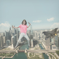 giantess collage city mega destruction handheld water traffic jeans brunette airplane jets skyscraper foot_print vehicles looking_at_viewer ps3_has_no_games laina_morris