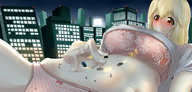 drawing giantess panties blushing city blonde color bra buildings lying_down body_exploration vehicles night mejiro メジロ