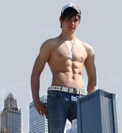 collage giant male topless low_angle looking_down skyscraper hat looking_at_viewer