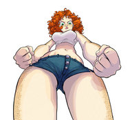drawing giantess color green_eyes red_hair shorts curly_hair freckles point_of_view from_below top looking_at_viewer mikeharvey giant_tess
