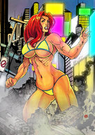 breasts drawing growth giantess mega color swimsuit destruction buildings red_hair muscles city_lights two_piece odie1049 rubbles
