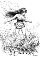 breasts drawing giantess crush mega monochrome long_hair destruction rampage dress explosion ripped_clothing running_away theborrowergts bare_legs
