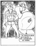 comic monochrome butt_crush shrunken_men sitting english molotav from_below looking_at_tiny queensville