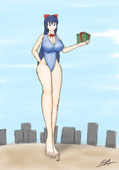 giantess large_breasts swimsuit barefoot cleavage blue_hair looking_down birthday gift bow yamumil