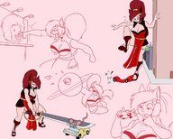 drawing giantess crush sword high_heels huge_breasts red_hair ponytail punch accidental slice examining no_background accidental_crush