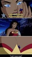 breasts drawing black_hair color blue_eyes handheld cleavage brunette story shrunken_man wonder_woman atom dialogue justice_league dc_comics between_breasts
