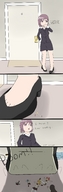 drawing comic high_heels unaware shrunken_woman suit indoors puella_magi_madoka_magica toe_cleavage almost_crushed
