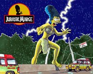 breasts drawing giantess mega color barefoot bra skirt blue_hair marge_simpson simpsons parody storm rain marge the_simpsons milf necklace ripped_clothing lightning van jurassic_park yellow_skin