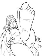 drawing pokemon feet monochrome swimsuit toes barefoot soles smiling looking_down point_of_view cape looking_at_viewer smushedboy imminent_crush clair_(pokemon)