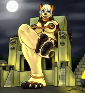drawing giantess furry blonde color smiling toe_ring ankle_bracelet nipple_rings temple evil-sprite