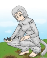 drawing giantess white_hair color clothed handheld barefoot castle curious squatting foot_crush commission dragon_girl dark_souls crossbreed_priscilla on_hand joethevenezuelan