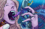 drawing giantess vore blonde color handheld finger purple_eyes felarya underwater fangs struggling string-fountain vhiyra merfolk scars