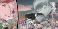 vore furry tail mega color destruction smiling pencil_drawing grey_hair wolf_girl belt robotics erima dereith mass_vore