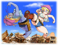 breasts giantess mega blonde destruction blood boots cowgirl shorts town blue_skin fighting giantesses cowboy_hat holster tied_shirt bandanna 矢端想
