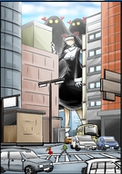 drawing giantess horns city color buildings monsters smiling vehicles nun 焼鉄色