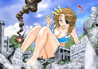 drawing color swimsuit destruction barefoot butt_crush anime green_eyes brunette unknown_artist battle ruins tears demolition_girl