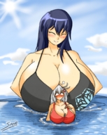 drawing giantess white_hair black_hair color long_hair swimsuit cleavage water huge_breasts swimming outdoors