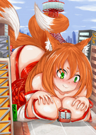 drawing giantess city mega long_hair cleavage playful red_hair bus breast_play fox_girl tokyo_tower cysh_aizen