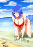 gentle blushing beach handheld anime green_eyes blue_hair red_swim_suit looking_at_tiny