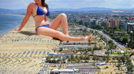 giantess collage swimsuit beach cleavage buildings brunette sand waterfront giulio_10