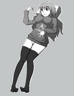 drawing vore monochrome long_hair lying_down shrunken_men shrunken_man thigh_highs stomach_view no_background