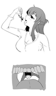 vore monochrome tongue teeth handheld cleavage shrunken_men shrunken_man dangle giantesss mouth_view