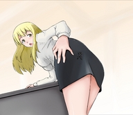 drawing blonde long_hair butt skirt butt_crush low_angle shrunken_men shrunken_man office_lady stuck_to_butt