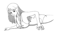 breasts drawing giantess small_man monochrome long_hair swimsuit breast_crush