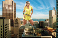 breasts giantess collage city mega blonde buildings wonderslug dress thighs athletic sky looking_at_viewer juliana_salimeni san_francisco harbor