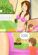 drawing comic color blood brunette sweat shrunken_men unaware shrunken_man closed_eyes ayami6 my_sister_the_giantess post_crush between_breasts incest