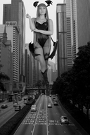 giantess collage city monochrome boots morrigan_aensland skyscraper streets cosplay looking_at_viewer between_buildings source_needed peque