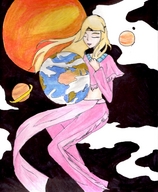 drawing giantess earth blonde space color long_hair planet sun saturn pants mars closed_eyes tiara cosmic_giantess
