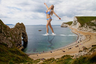 breasts giantess collage mega blonde swimsuit beach cleavage ocean wonderslug foot_print sand jordan_carver lagoon