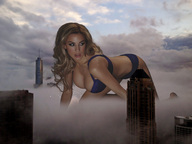 breasts giantess collage panties city mega blonde cleavage bra wonderslug crawling lingerie skyscraper clouds sky jordan_carver fog
