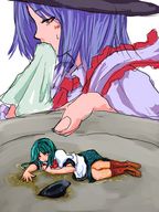 drawing color small_woman touhou lying_down vomit plate source_needed iku_nagae tenshi_hinanawi handkerchief
