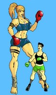 drawing size_difference color barefoot samus_aran mini_giantess nintendo boxers boxing_gloves little_mac minigtslover