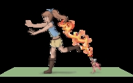 drawing white_hair color barefoot ponytail boots fire shorts shrunken_woman pink_dress bow hair_bow top burn_marks