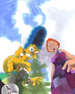 breasts drawing giantess mega color blue_hair angry red_hair marge_simpson simpsons giantesses family_guy outdoors the_simpsons milf rings point_of_view necklace looking_at_viewer lois_griffin gulliver63 yellow_skin makeshift_clothing