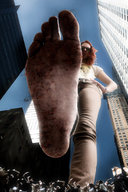 giantess crush collage city long_hair barefoot glasses red_hair pants outdoors shirt point_of_view impending_doom
