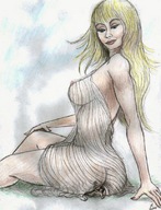 drawing giantess crush blonde color long_hair butt_crush sitting looking_down nikko see_through_lingerie