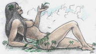 drawing giantess black_hair color long_hair shrunken_man dark_skin clouds outdoors palm_trees nikko
