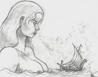breasts nipples gentle blonde monochrome ocean pencil_drawing nikko ships blowing viking