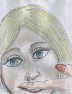 drawing giantess blonde color blue_eyes handheld nikko looking_at_victim implied_vore