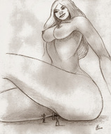 giantess nude monochrome long_hair sitting nikko no_background