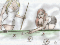 drawing blonde long_hair cleavage brunette shrunken_men pool trapped nikko no_background