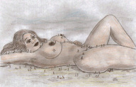 breasts gentle nude climbing brunette brown_eyes smiling lying_down pencil_drawing nikko crowds looking_at_tiny