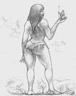 drawing giantess crush monochrome long_hair handheld topless nikko trees